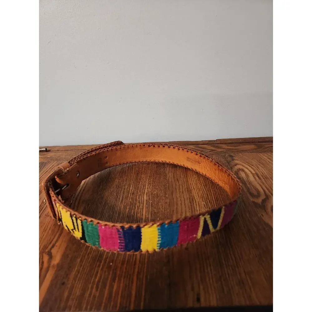 Vintage Handmade Leather Woven Boho Belt Colorful Festival Size 28